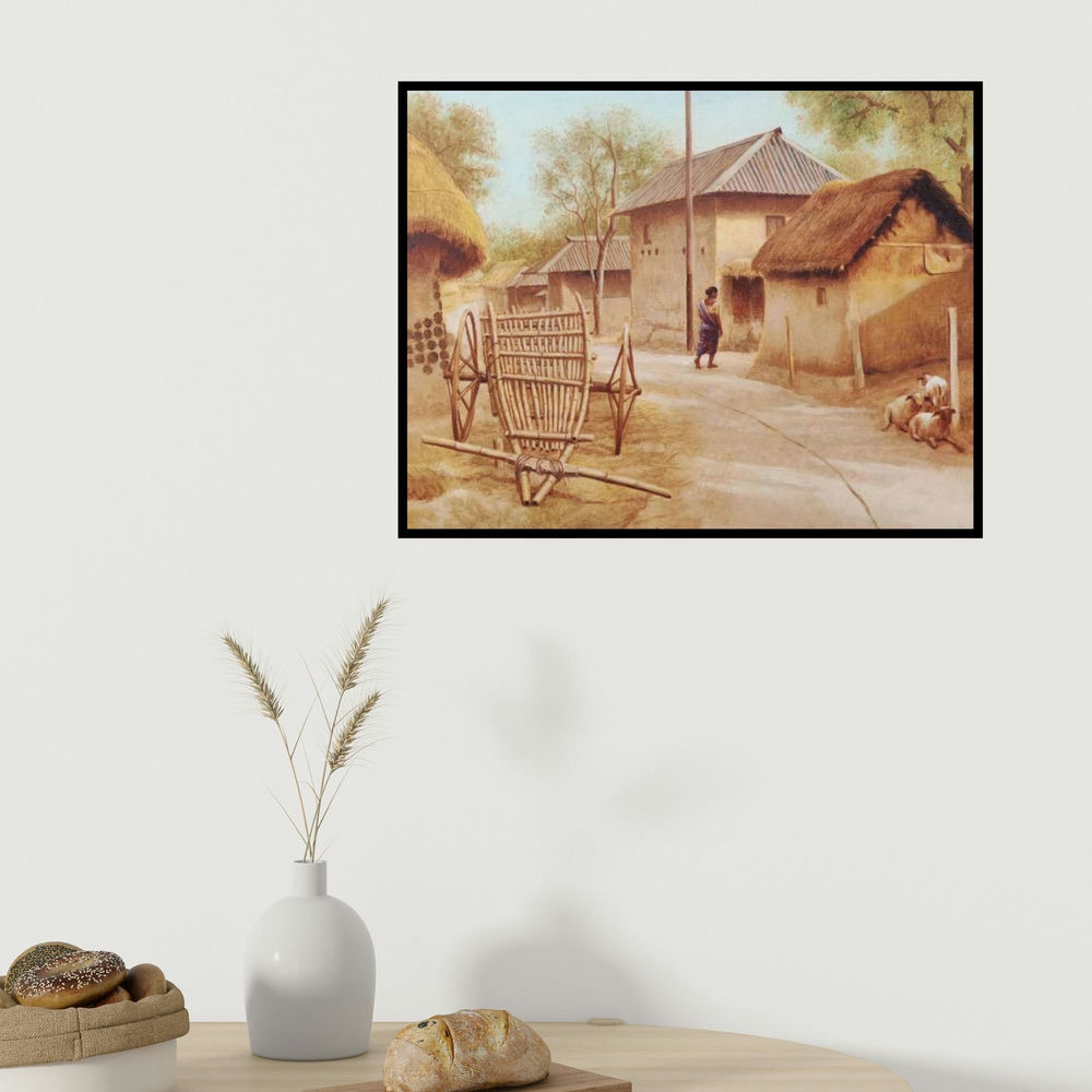 Arabinda Mukherjee's 'Village Afternoon' painting visualized above a sofa in a contemporary room.