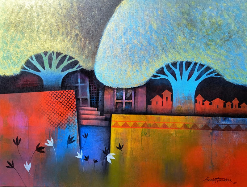 'Village Beauty 3' landscape acrylic painting by artist Sanjay Tandekar, 36x48 inch, on canvas