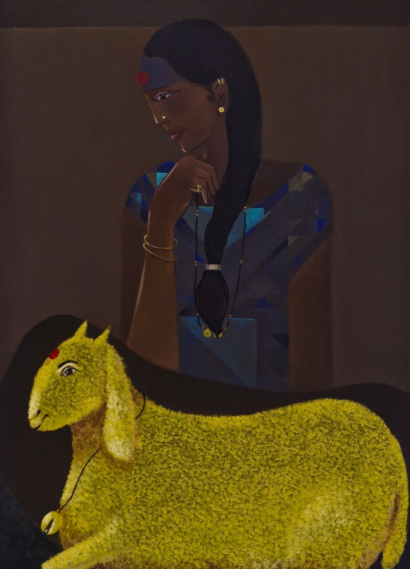 Village Beauty' figurative acrylic painting by artist Anuj Jagtap, 43x30 inch, on canvas