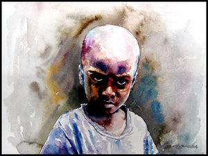 Village Children 1 by Srv Artist, Original Watercolor Figurative Painting on Handmade Paper, Small Horizontal Wall Art