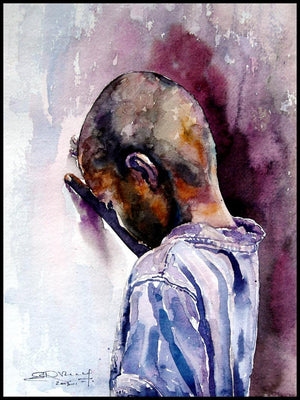 Village Children 2 (Lost in Thought) by Srv Artist, Original Watercolor Figurative Painting on Handmade Paper, Small Vertical Wall Art