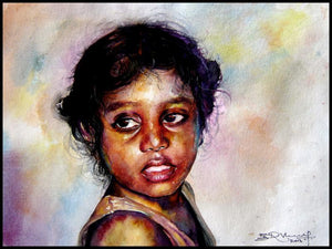 Village Children 3 by Srv Artist, Original Watercolor Figurative Painting on Handmade Paper, Small Horizontal Wall Art