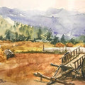 Landscape watercolor painting titled 'Village Countryside Cart', 14x20 inches, by artist KS Farvez on Paper