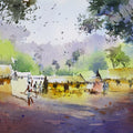 The Village Crossing' landscape watercolor painting by artist Soven Roy, 10x14 inch, on paper