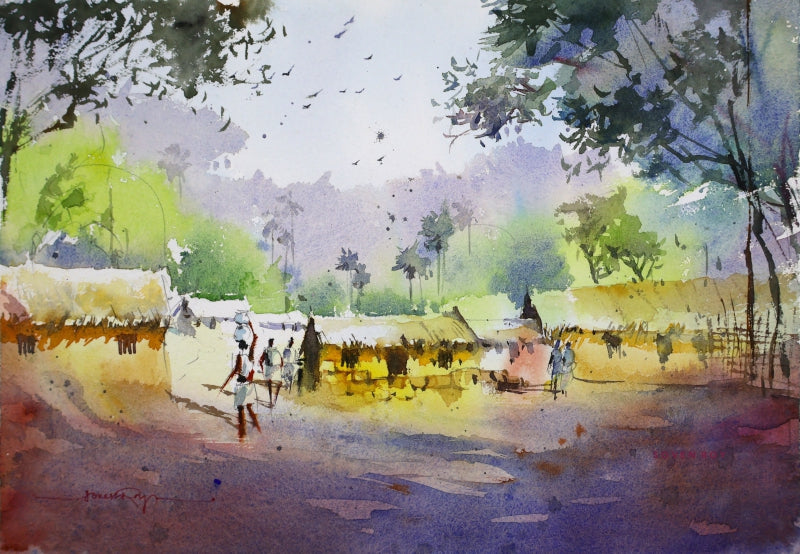 The Village Crossing' landscape watercolor painting by artist Soven Roy, 10x14 inch, on paper