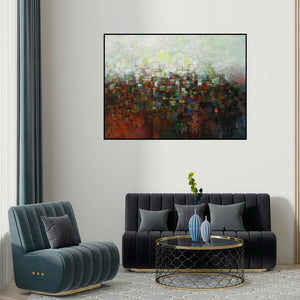 M Singh's 'The Village In Dream' painting visualized above a sofa in a contemporary room.