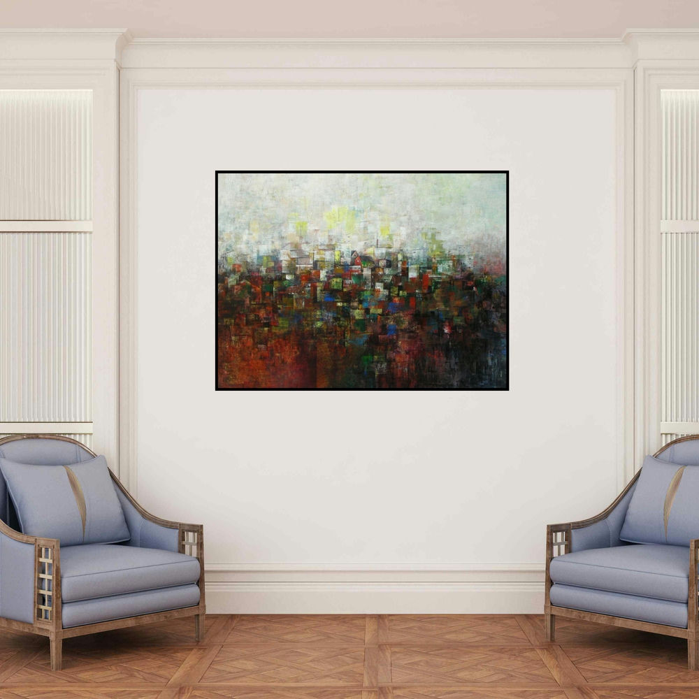 'The Village In Dream' painting by M Singh shown on a wall in a furnished room.