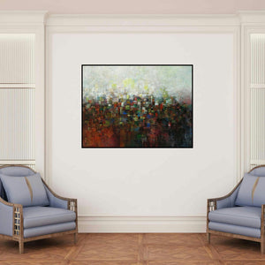 'The Village In Dream' painting by M Singh shown on a wall in a furnished room.