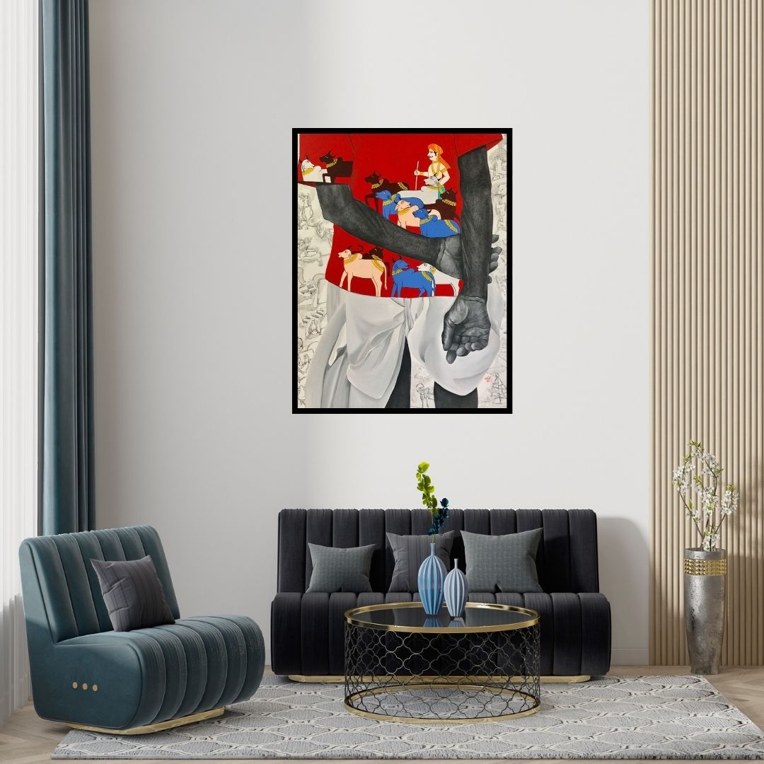 Preview of 'Village Folk' Painting by Laxman Aelay shown on a wall in a furnished room.