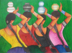 Village Girls (A Parade of Grace) by Kappari Kishan, Original Acrylic Figurative Painting on Canvas, Medium Horizontal Wall Art