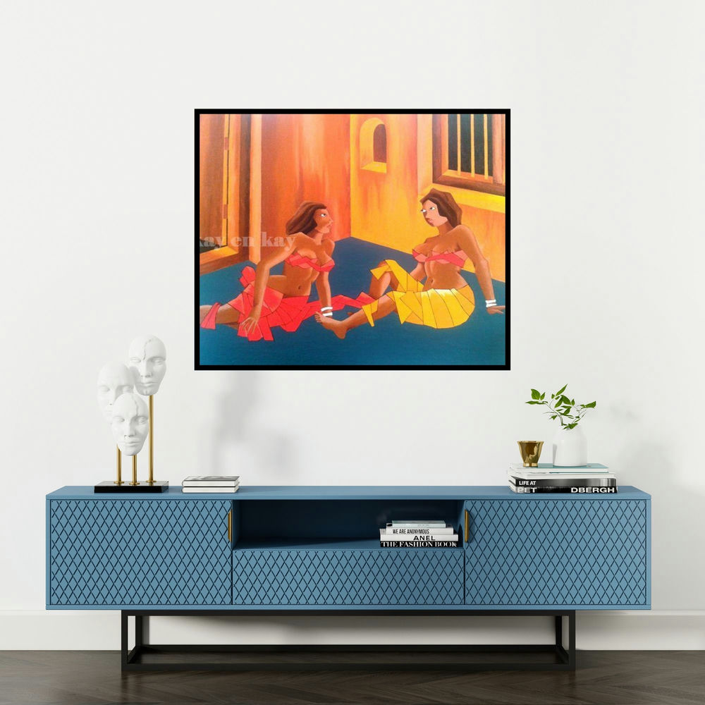 Narayanankutty Kasthuril's 'Village Harlots' painting visualized above a sofa in a contemporary room.