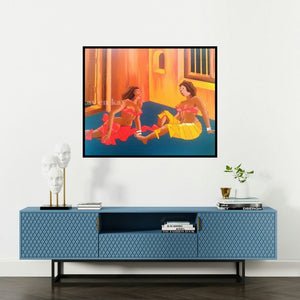 Narayanankutty Kasthuril's 'Village Harlots' painting visualized above a sofa in a contemporary room.
