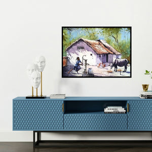 'Village House' painting by Amit Kapoor shown on a wall in a furnished room.