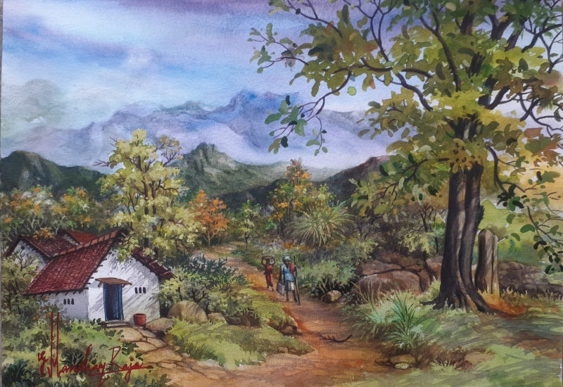 Village Hut' landscape watercolor painting by artist Manohar Raja, 12x17 inch, on paper