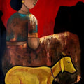 'Village Life' figurative mixed-media painting by artist Anuj Jagtap, 48x30 inch, on canvas
