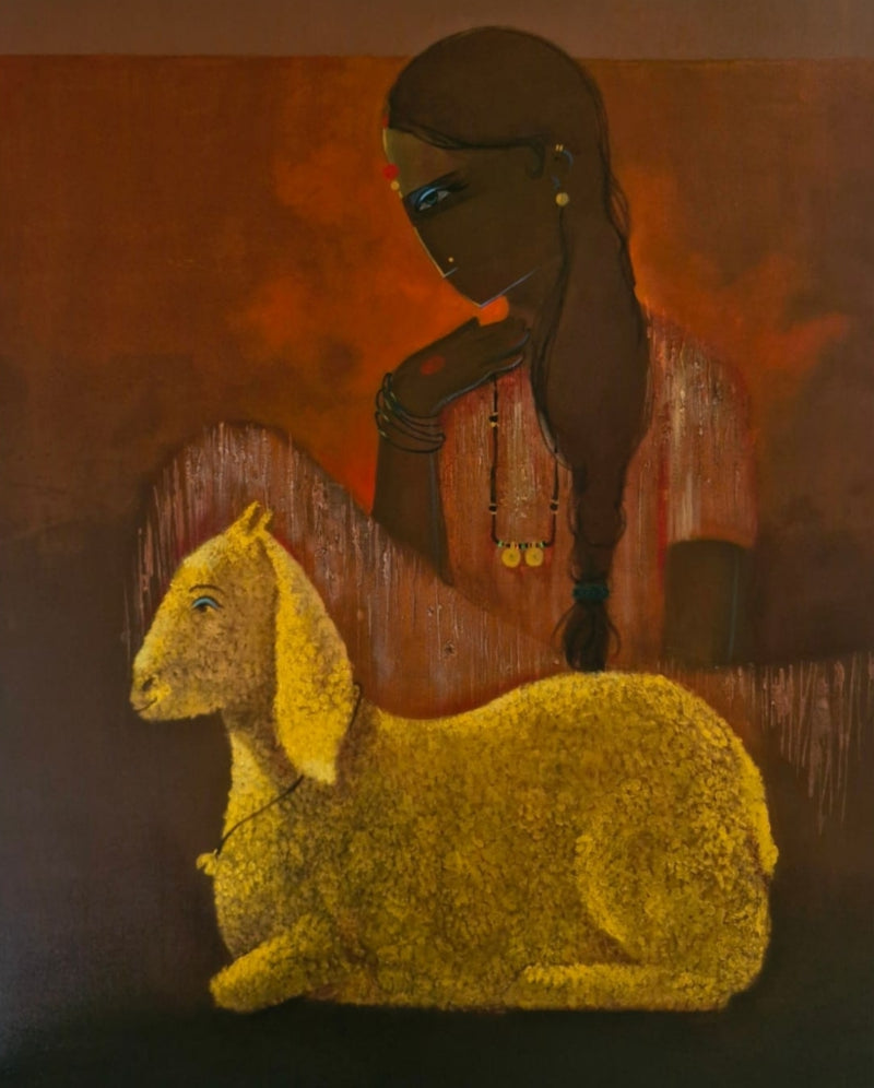 Village Life 2' figurative mixed-media painting by artist Anuj Jagtap, 36x30 inch, on canvas