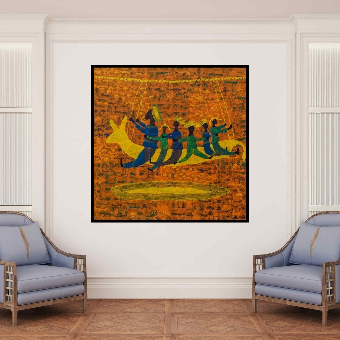 In-situ view of Lakhan Singh Jat's 'The Village Life (The Swing)' painting in a room