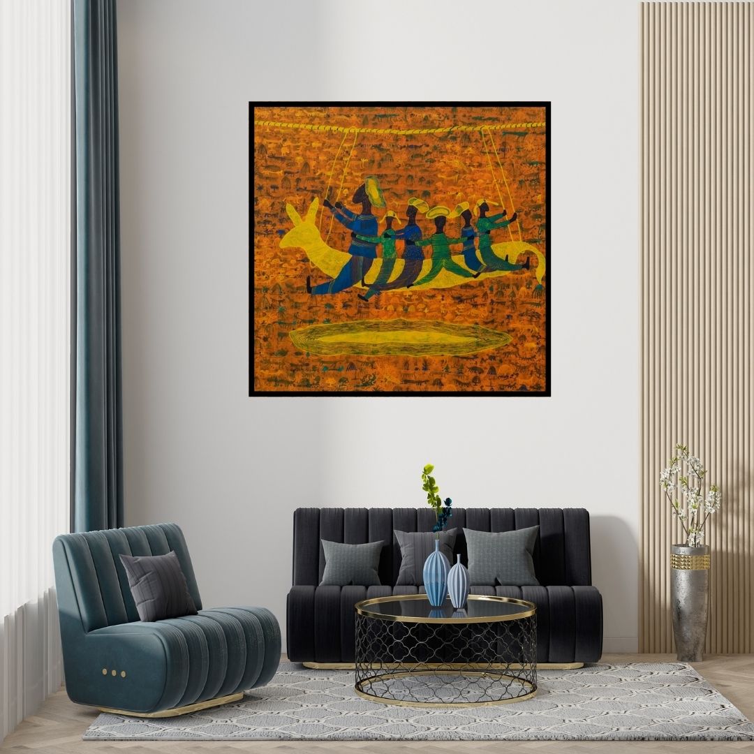 Preview of 'The Village Life (The Swing)' Painting by Lakhan Singh Jat shown on a wall in a furnished room.