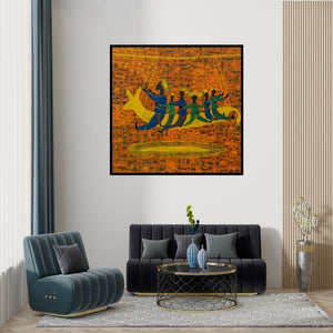 Preview of 'The Village Life (The Swing)' Painting by Lakhan Singh Jat shown on a wall in a furnished room.
