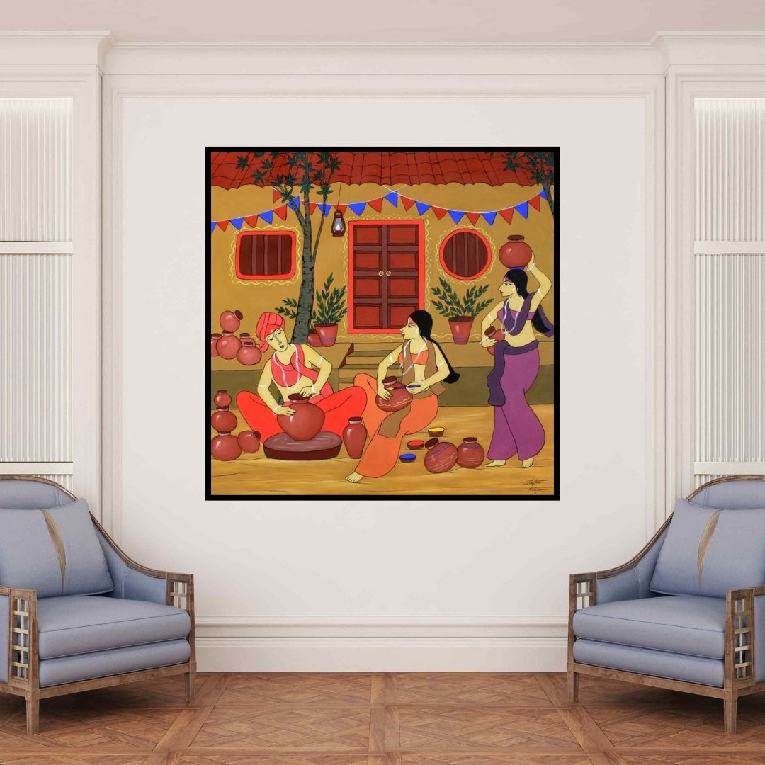 In-situ view of Chetan Katigar's 'Village Life (A Day in the Village)' painting in a room