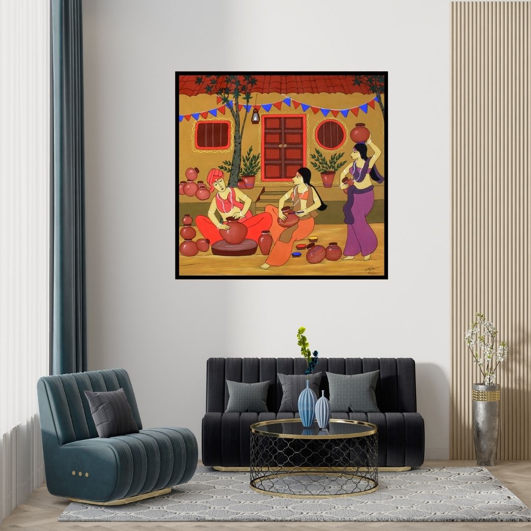 Preview of 'Village Life (A Day in the Village)' Painting by Chetan Katigar shown on a wall in a furnished room.