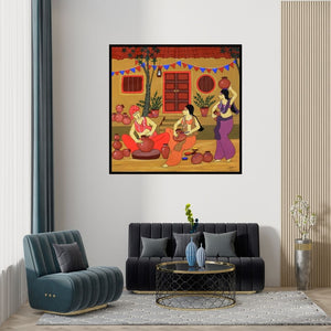Preview of 'Village Life (A Day in the Village)' Painting by Chetan Katigar shown on a wall in a furnished room.