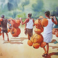 Figurative watercolor painting titled 'Village Life', 14x20 inches, by artist Manoj Pratim Ray on Paper