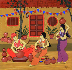 Figurative acrylic painting titled 'Village Life', 48x48 inches, by artist Chetan Katigar on Canvas