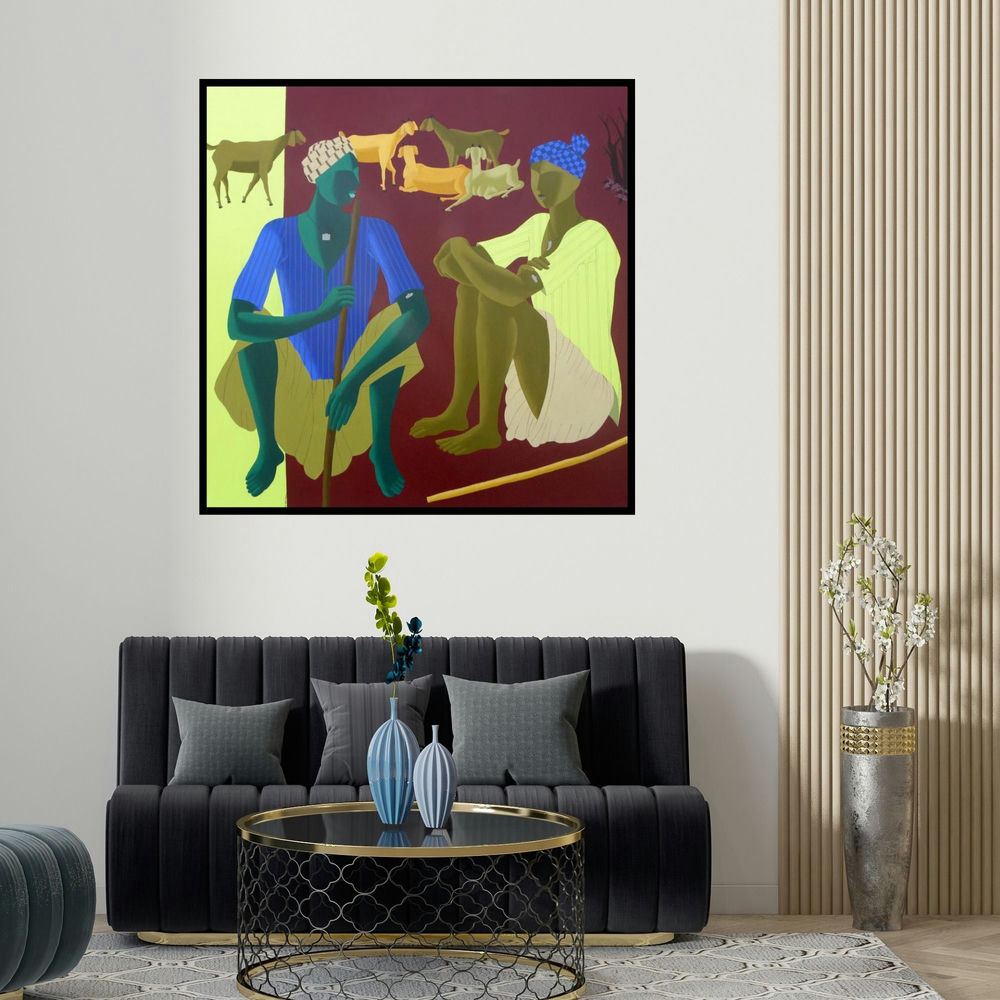 Abhiram Bairu's 'Village Men' painting visualized above a sofa in a contemporary room.