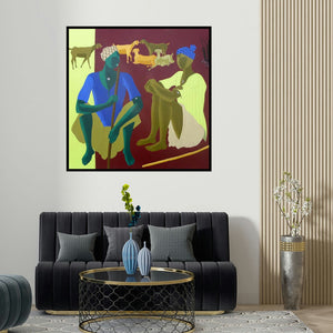 Abhiram Bairu's 'Village Men' painting visualized above a sofa in a contemporary room.
