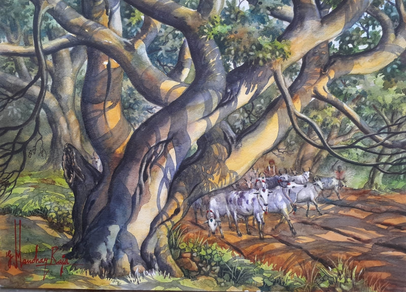 Village In The Morning' landscape watercolor painting by artist Manohar Raja, 12x17 inch, on paper