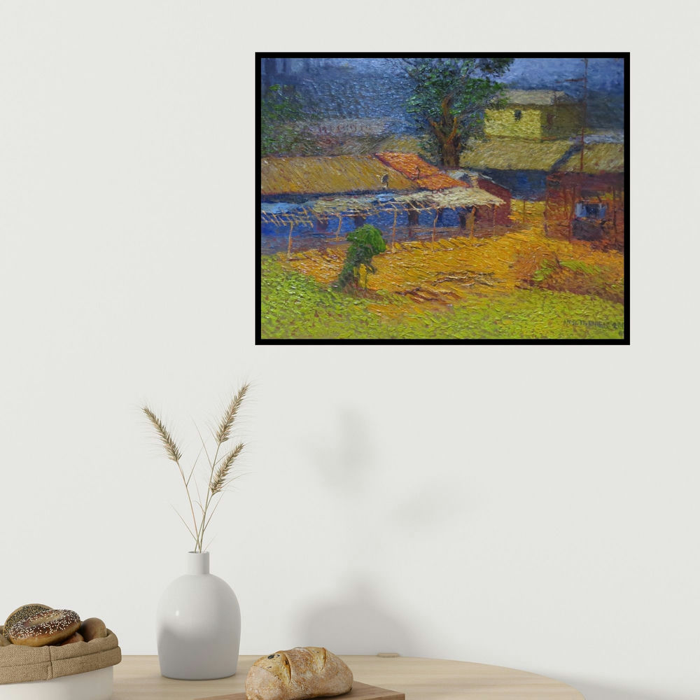 Amol Dubhele's 'Village Morning (Village Scene)' painting visualized above a sofa in a contemporary room.