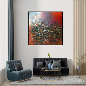 Preview of 'Village Of My Dreams' Painting by M Singh shown on a wall in a furnished room.