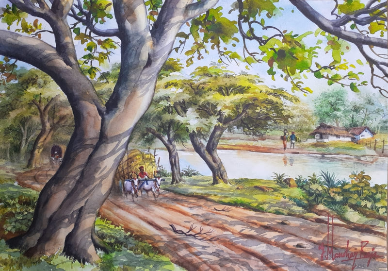 Village Road' landscape watercolor painting by artist Manohar Raja, 12x17 inch, on paper