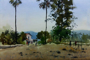 Village Routs by Kiran Gunjkar, Original Watercolor Landscape Painting on Handmade Paper, Small Horizontal Wall Art