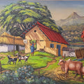 'Village Scene' landscape acrylic painting by artist Manohar Raja, 24x48 inch, on canvas