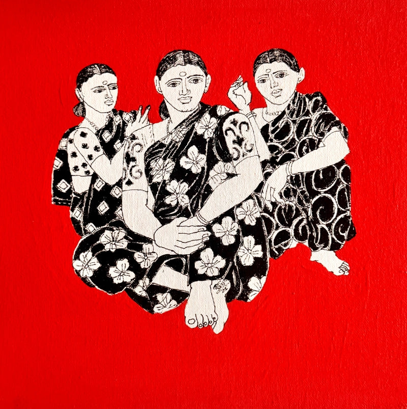 'Village Scene 51' figurative acrylic painting by artist Laxman Aelay, 12x12 inch, on canvas