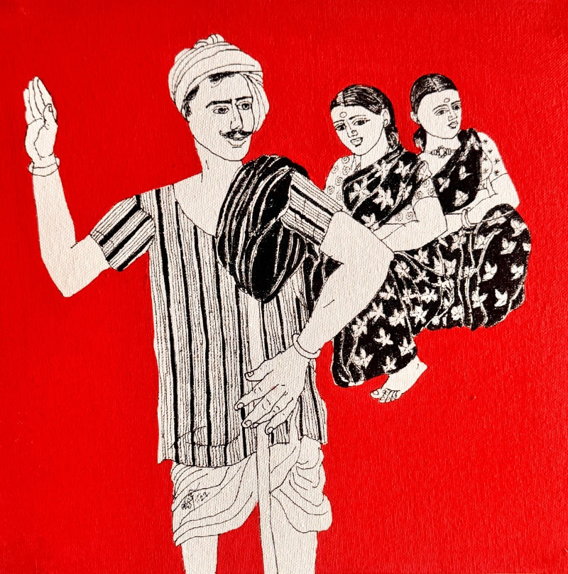 'Village Scene 52' figurative acrylic painting by artist Laxman Aelay, 12x12 inch, on canvas