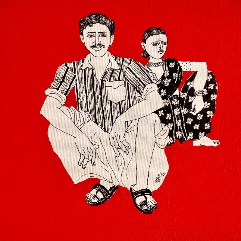 'Village Scene 55' figurative acrylic painting by artist Laxman Aelay, 12x12 inch, on canvas