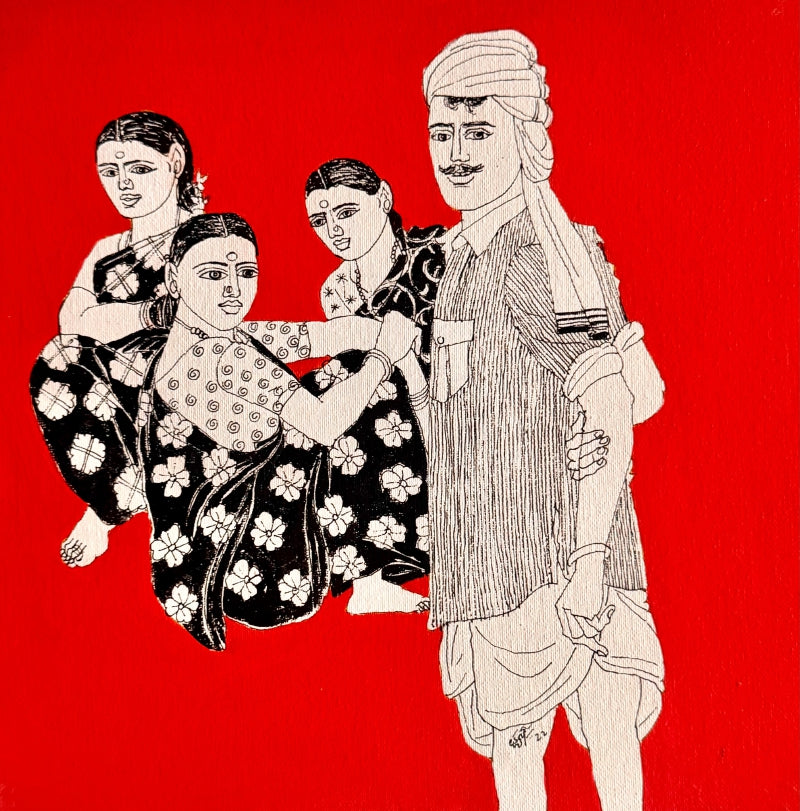 'Village Scene 56' figurative acrylic painting by artist Laxman Aelay, 12x12 inch, on canvas