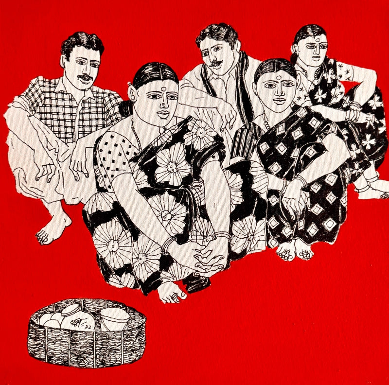 'Village Scene 57' figurative acrylic painting by artist Laxman Aelay, 12x12 inch, on canvas