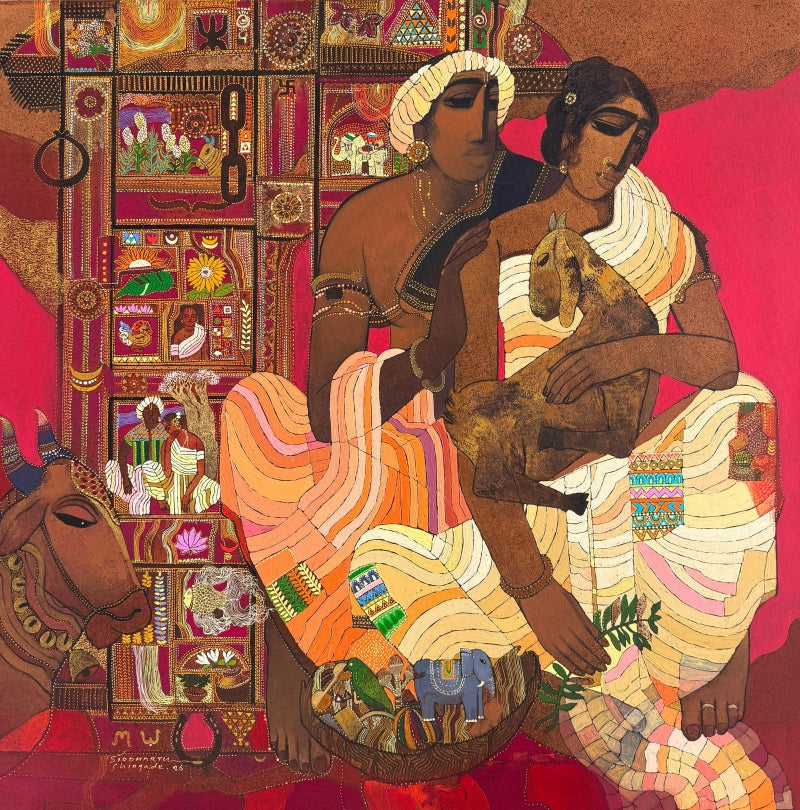 'Village Series 1' figurative acrylic painting by artist Siddharth Shingade, 36x36 inch, on canvas