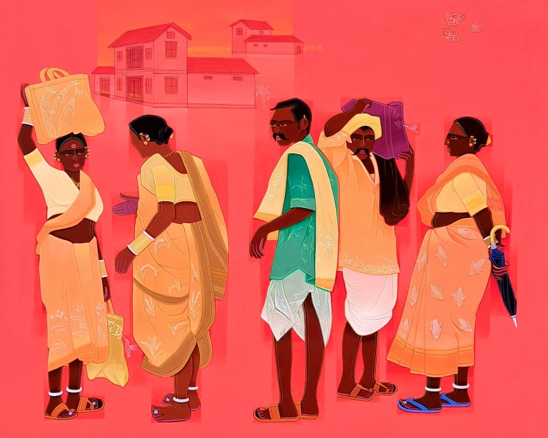 Village Series 16' figurative acrylic painting by artist Tailor Srinivas, 48x60 inch, on canvas