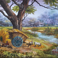 Village Travellers' landscape watercolor painting by artist Manohar Raja, 12x17 inch, on paper
