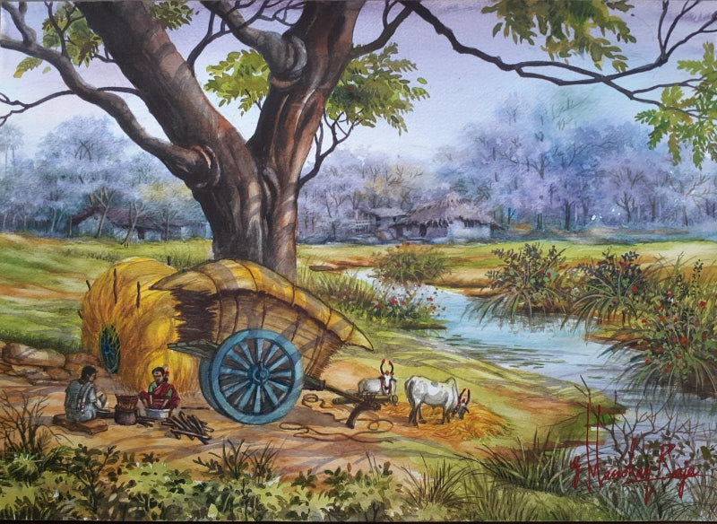 Village Travellers' landscape watercolor painting by artist Manohar Raja, 12x17 inch, on paper