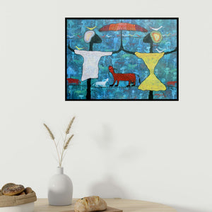 In-situ view of Lakhan Singh Jat's 'From Village To The Virtual World (Shared Shelter)' painting in a room