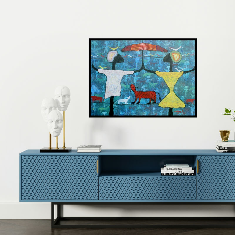 Preview of 'From Village To The Virtual World (Shared Shelter)' Painting by Lakhan Singh Jat shown on a wall in a furnished room.