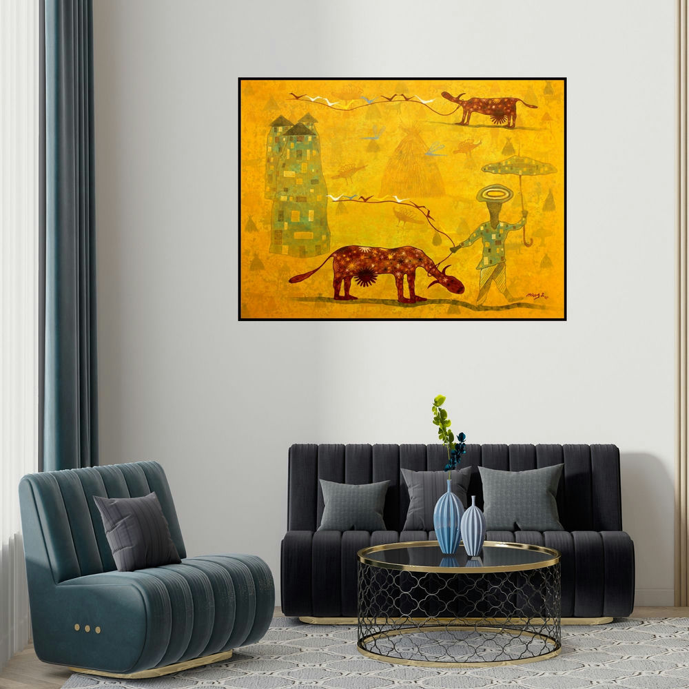 'From Village To The Virtual World (Rural Harmony)' painting by Lakhan Singh Jat shown on a wall in a furnished room.