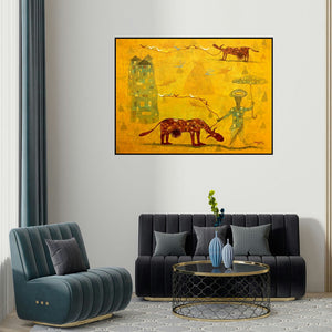 'From Village To The Virtual World (Rural Harmony)' painting by Lakhan Singh Jat shown on a wall in a furnished room.