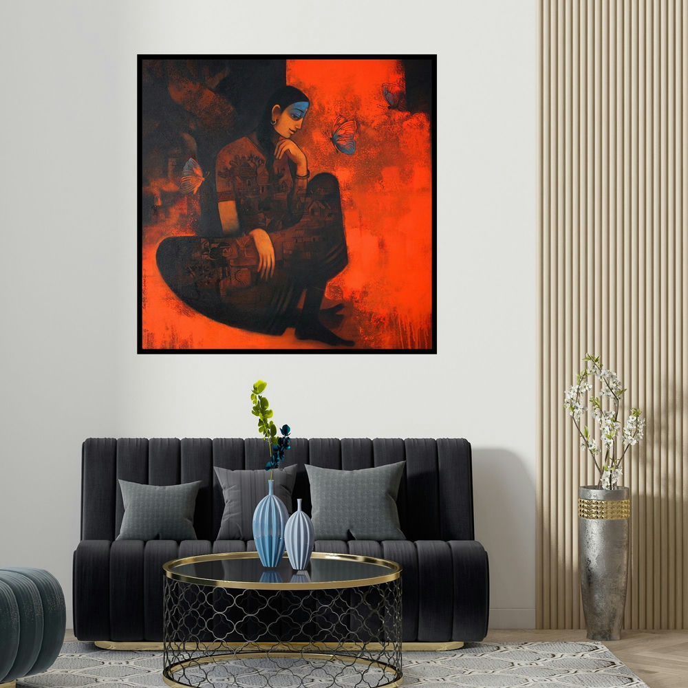 Sachin Akalekar's 'Village Woman (Contemplation)' painting visualized above a sofa in a contemporary room.